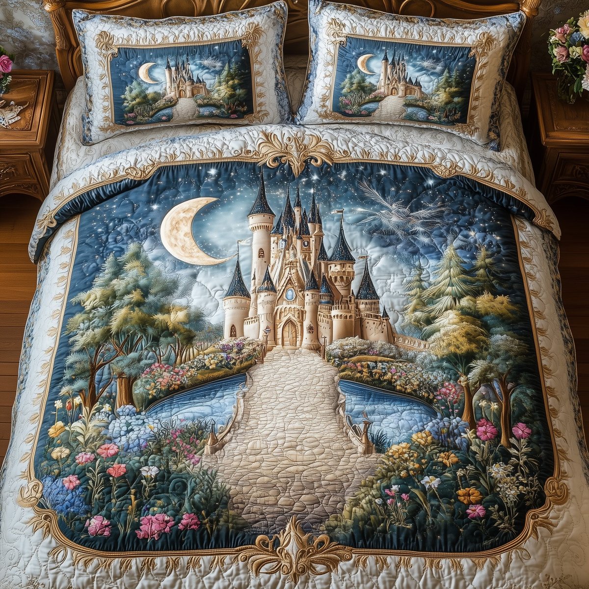 Fairytale Castle 3 Piece Quilted Bedding Set Gift For Home Decor Lovers