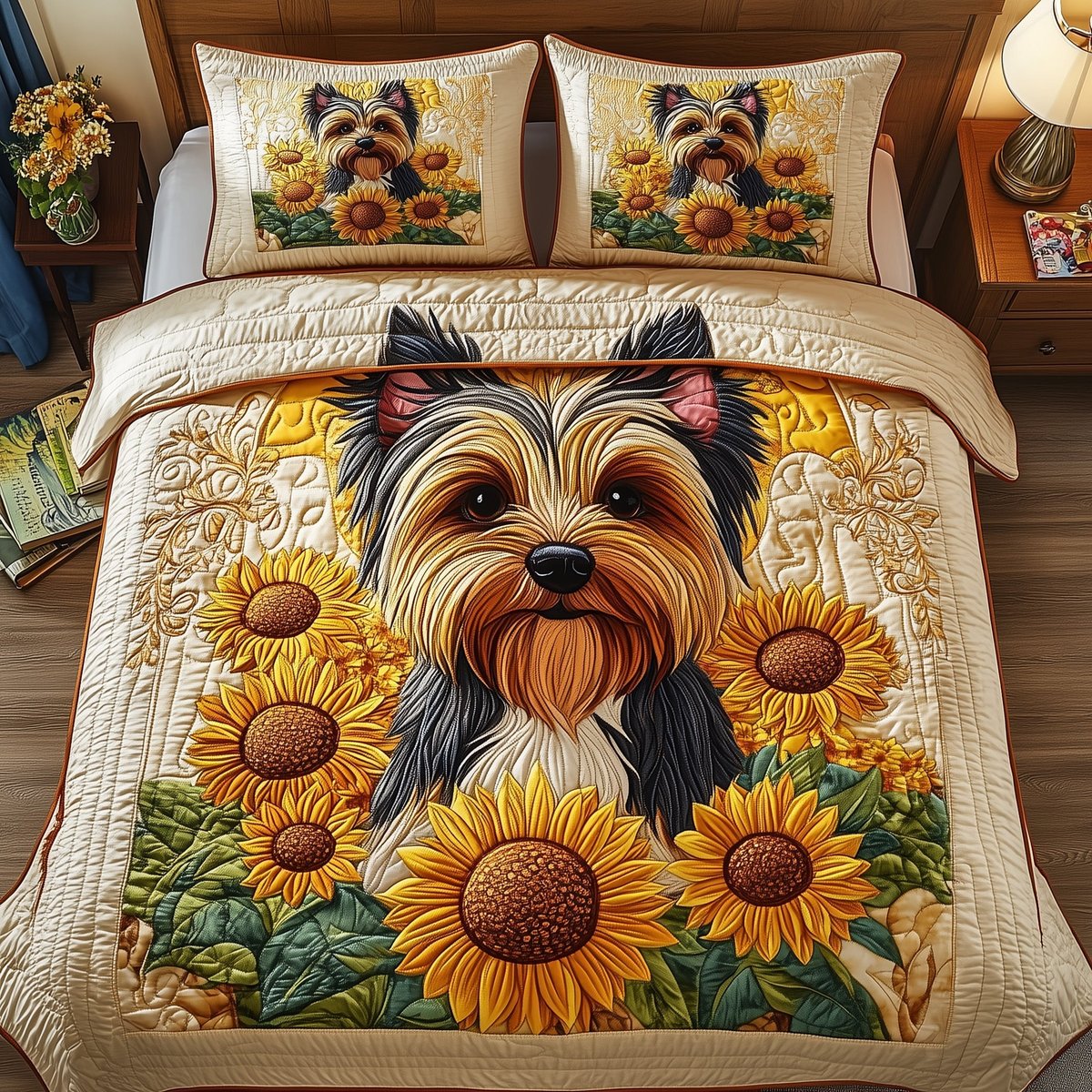 Yorkshire Terrier Dog 3 Piece Quilted Bedding Set Gift For Dog Lovers