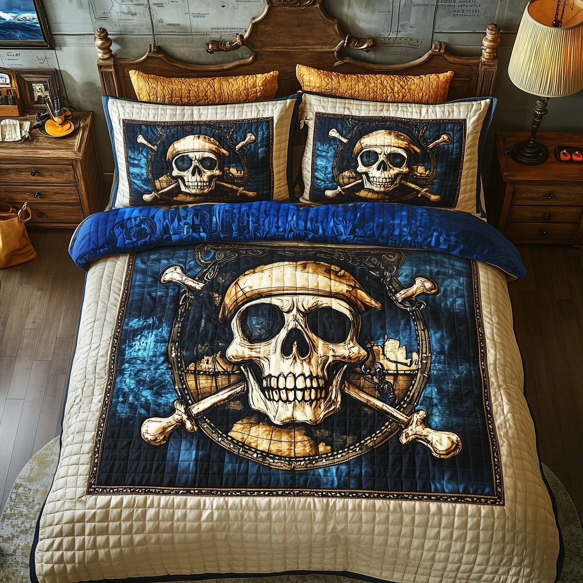 Dark Seas Pirate Nautical 3 Piece Quilted Bedding Set Gift For Beach Lovers