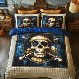Dark Seas Pirate Nautical 3 Piece Quilted Bedding Set Gift For Beach Lovers