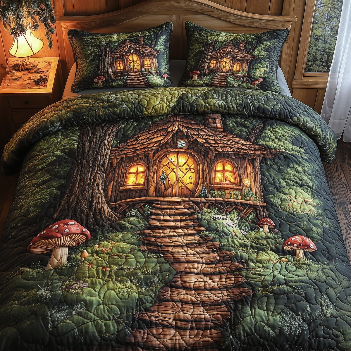 Mystic Forest Hut 3 Piece Quilted Bedding Set Gift For Nature Lovers