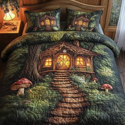 Mystic Forest Hut 3 Piece Quilted Bedding Set Gift For Nature Lovers