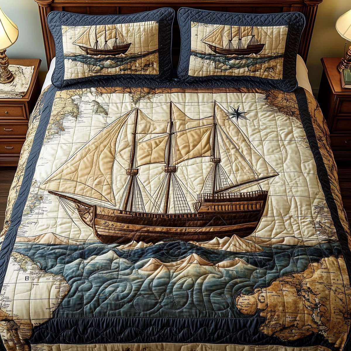 Sailing Through Time 3 Piece Quilted Bedding Set Gift For Beach Lovers