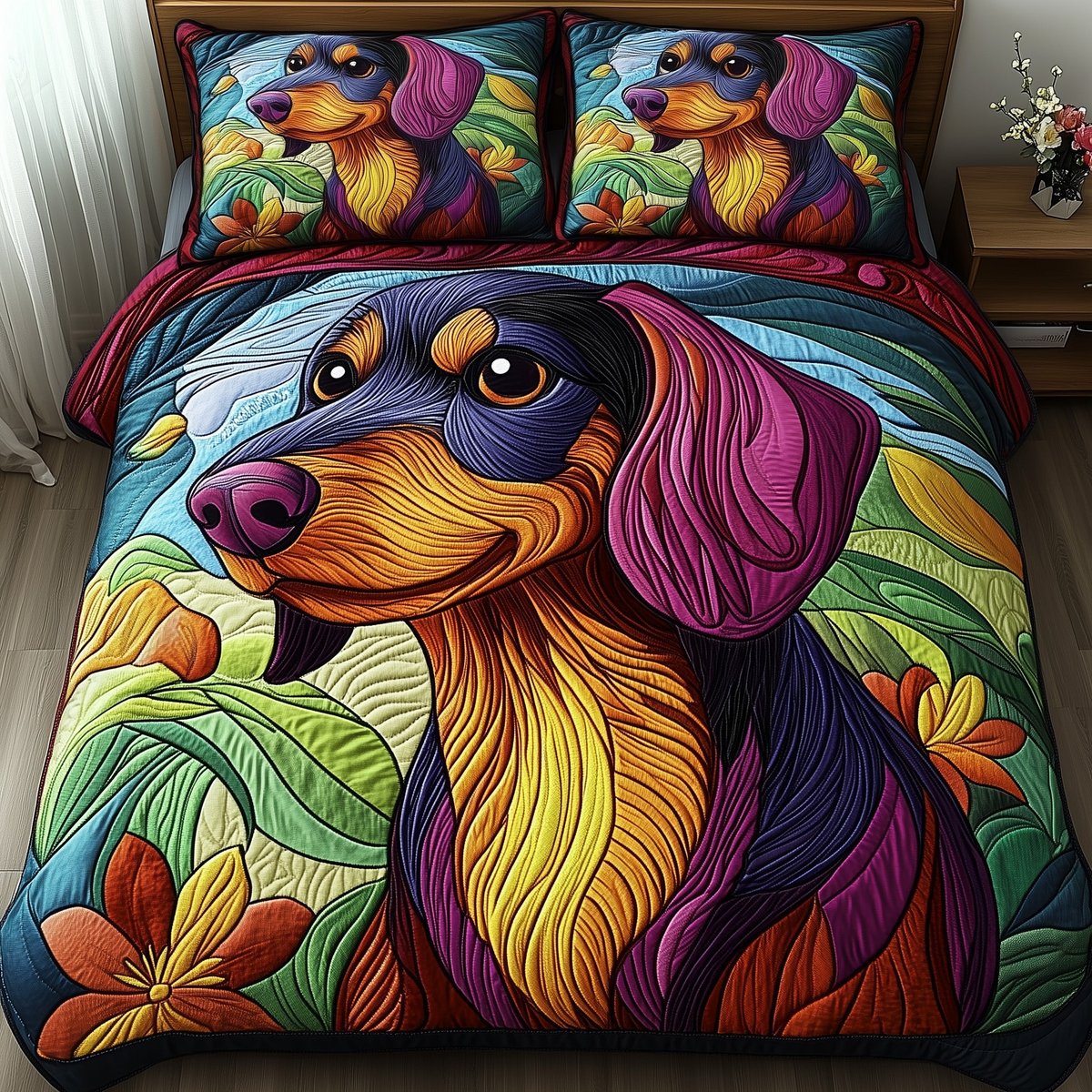 Dachshund Dog 3 Piece Quilted Bedding Set Gift For Dog Lovers