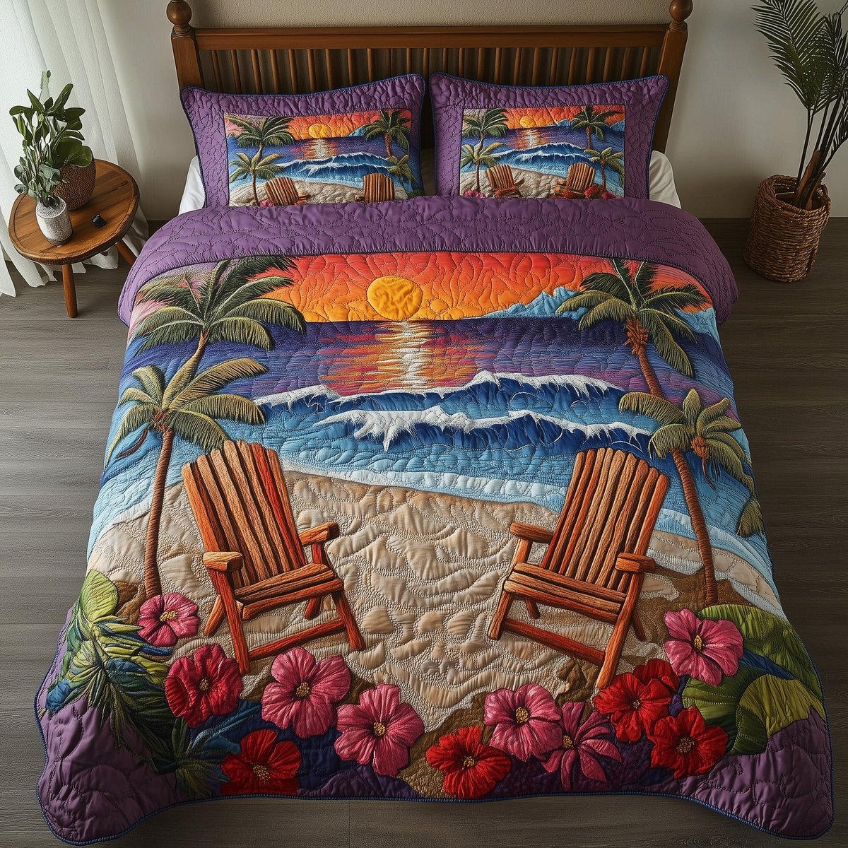 Seaside Sunset Chairs 3 Piece Quilted Bedding Set Gift For Nature Lovers