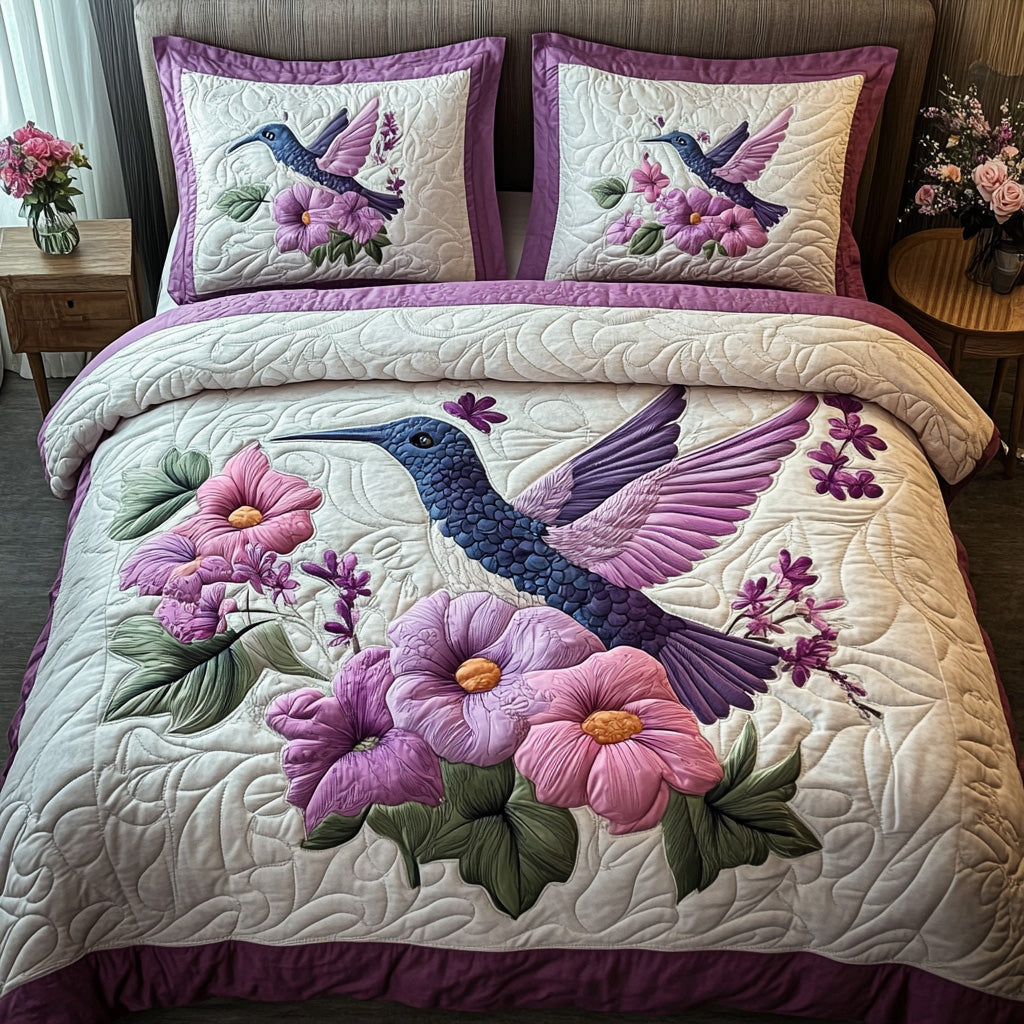 Purple Hummingbird 3 Piece Quilted Bedding Set Gift For Bird Lovers
