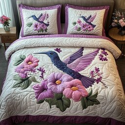 Purple Hummingbird 3 Piece Quilted Bedding Set Gift For Bird Lovers