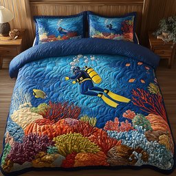 Deep Blue Discovery 3 Piece Quilted Bedding Set Gift For Beach Lovers