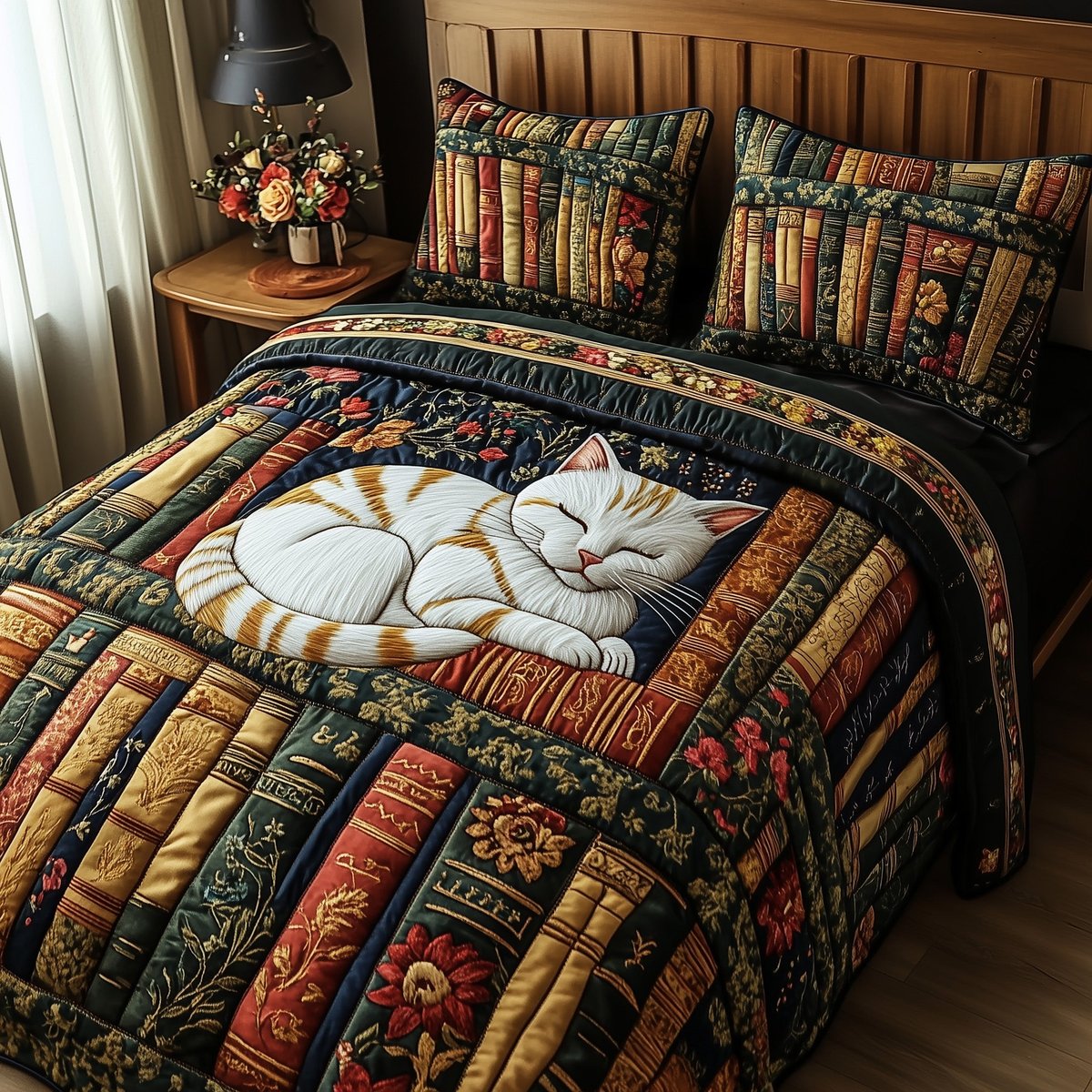 Literary Cat Haven 3 Piece Quilted Bedding Set Gift For Cat Lovers