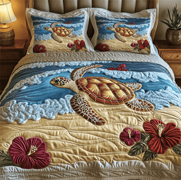 Turtle Tides Retreat Beach 3 Piece Quilted Bedding Set Gift For Turtle Lovers