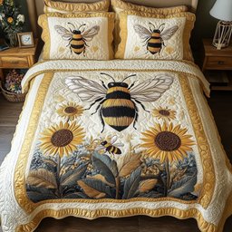 Sunflower Bee 3 Piece Quilted Bedding Set Gift For Flower Lovers