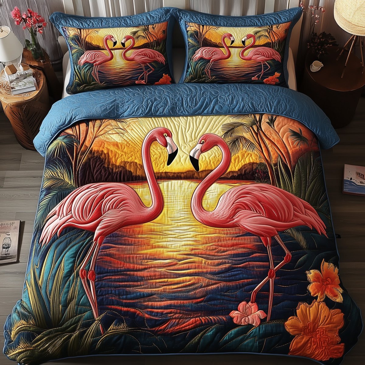 Tropical Sunset Flamingo 3 Piece Quilted Bedding Set Gift For Nature Lovers
