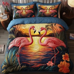 Tropical Sunset Flamingo 3 Piece Quilted Bedding Set Gift For Nature Lovers