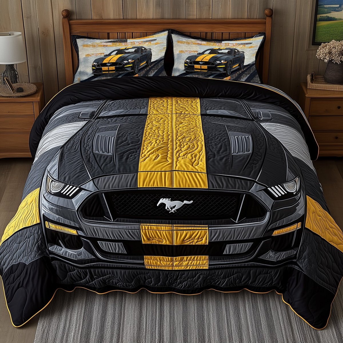Vintage Mustang 3 Piece Quilted Bedding Set Gift For Horse Lovers