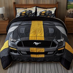 Vintage Mustang 3 Piece Quilted Bedding Set Gift For Horse Lovers