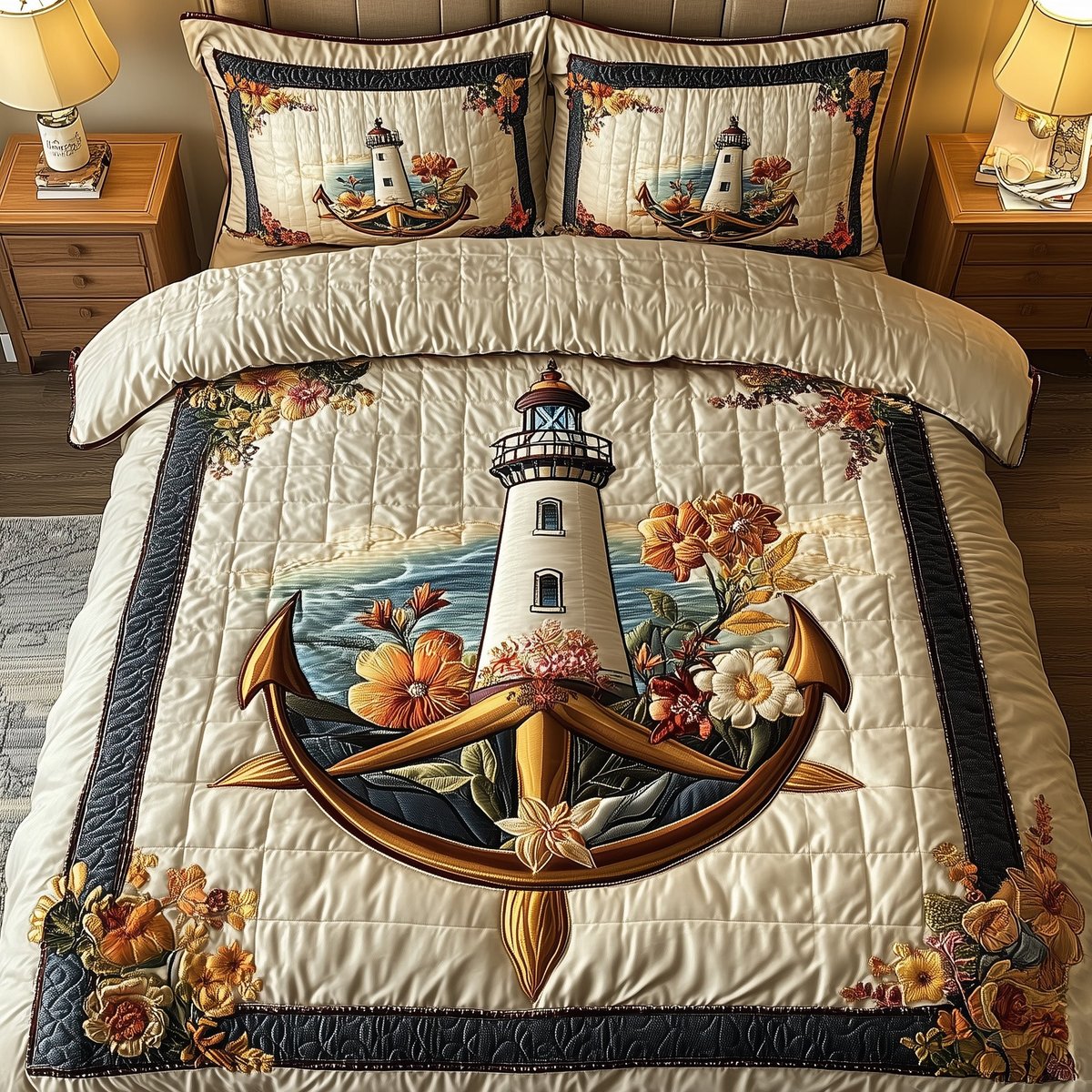 Lighthouse Anchor Nautical 3 Piece Quilted Bedding Set Gift For Beach Lovers