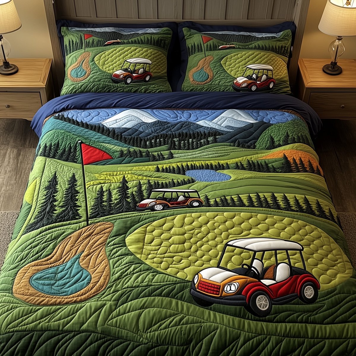 Golf Course 3 Piece Quilted Bedding Set Gift For Sports Fans