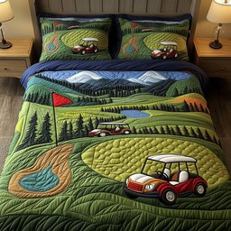 Golf Course 3 Piece Quilted Bedding Set Gift For Sports Fans