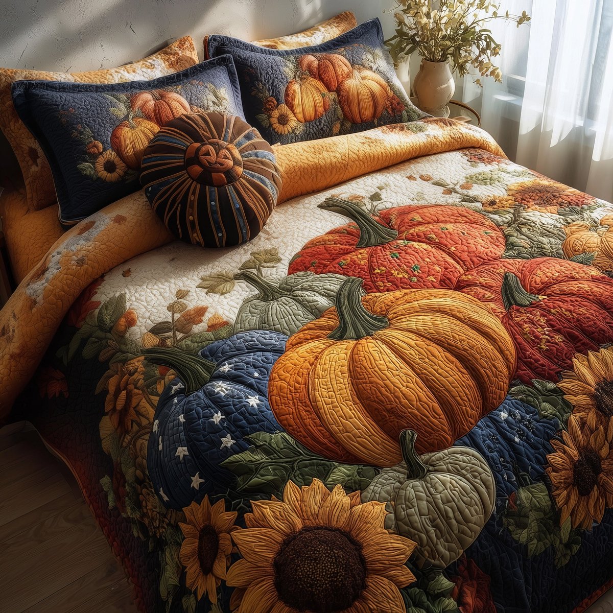 Pumpkin Delight 3 Piece Quilted Bedding Set Gift For Home Decor Lovers