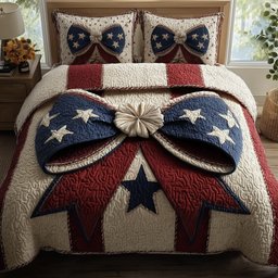 Patriotic Bow 3 Piece Quilted Bedding Set Gift For Home Decor Lovers