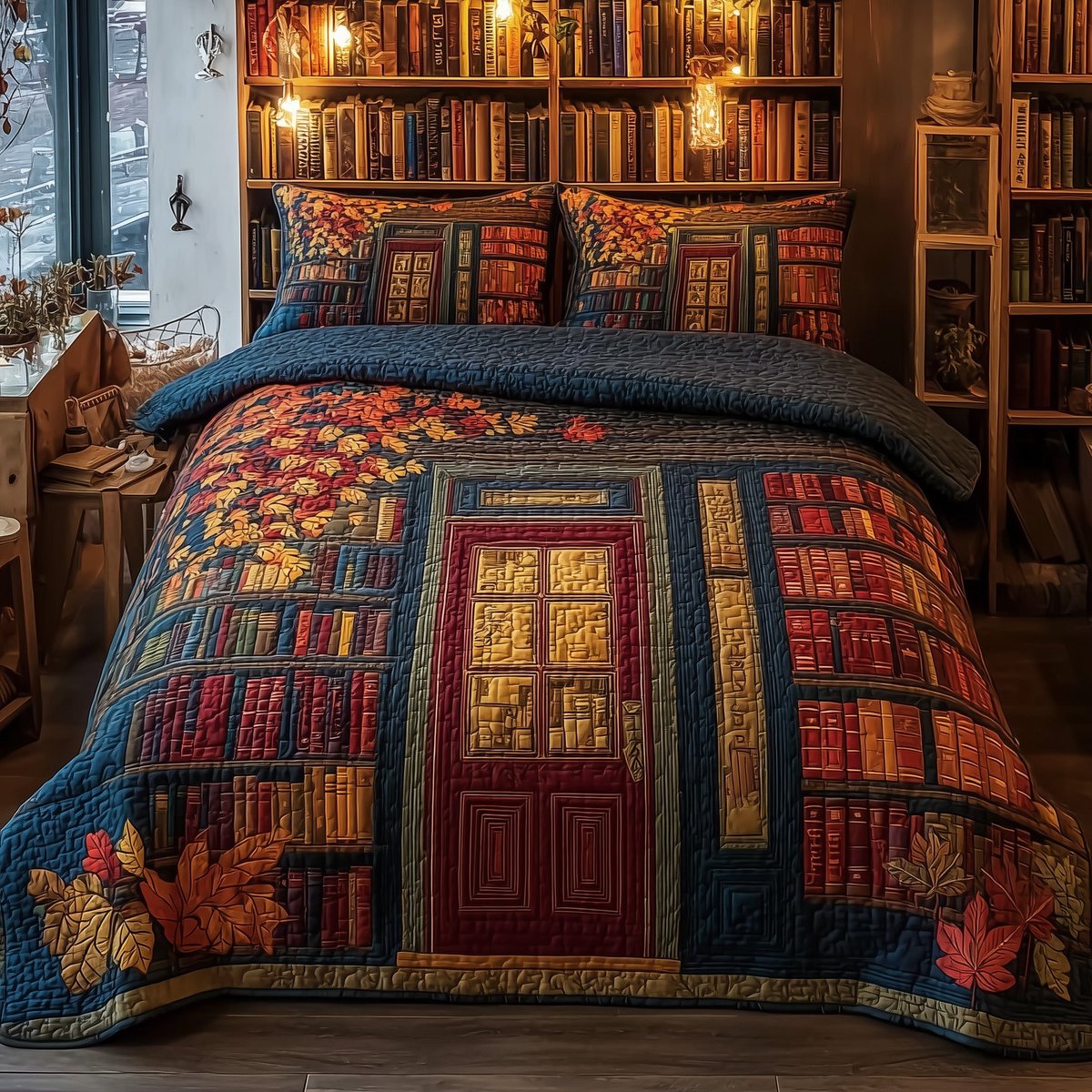 Cozy Library 3 Piece Quilted Bedding Set Gift For Book Lovers
