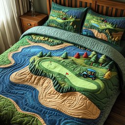 Golf Course 3 Piece Quilted Bedding Set Gift For Sports Fans