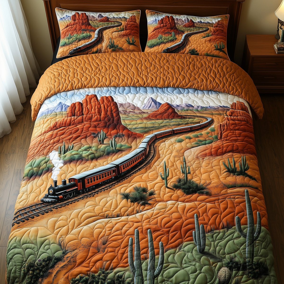 Western Train Trail 3 Piece Quilted Bedding Set Gift For Western Lovers