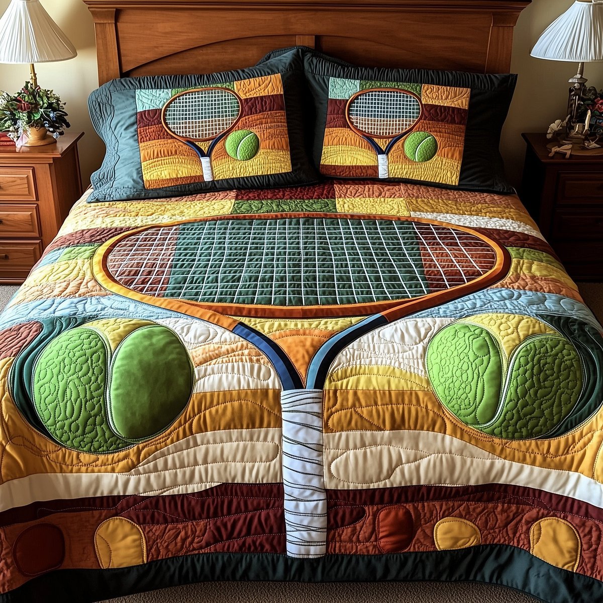 Tennis Time 3 Piece Quilted Bedding Set Gift For Sports Fans