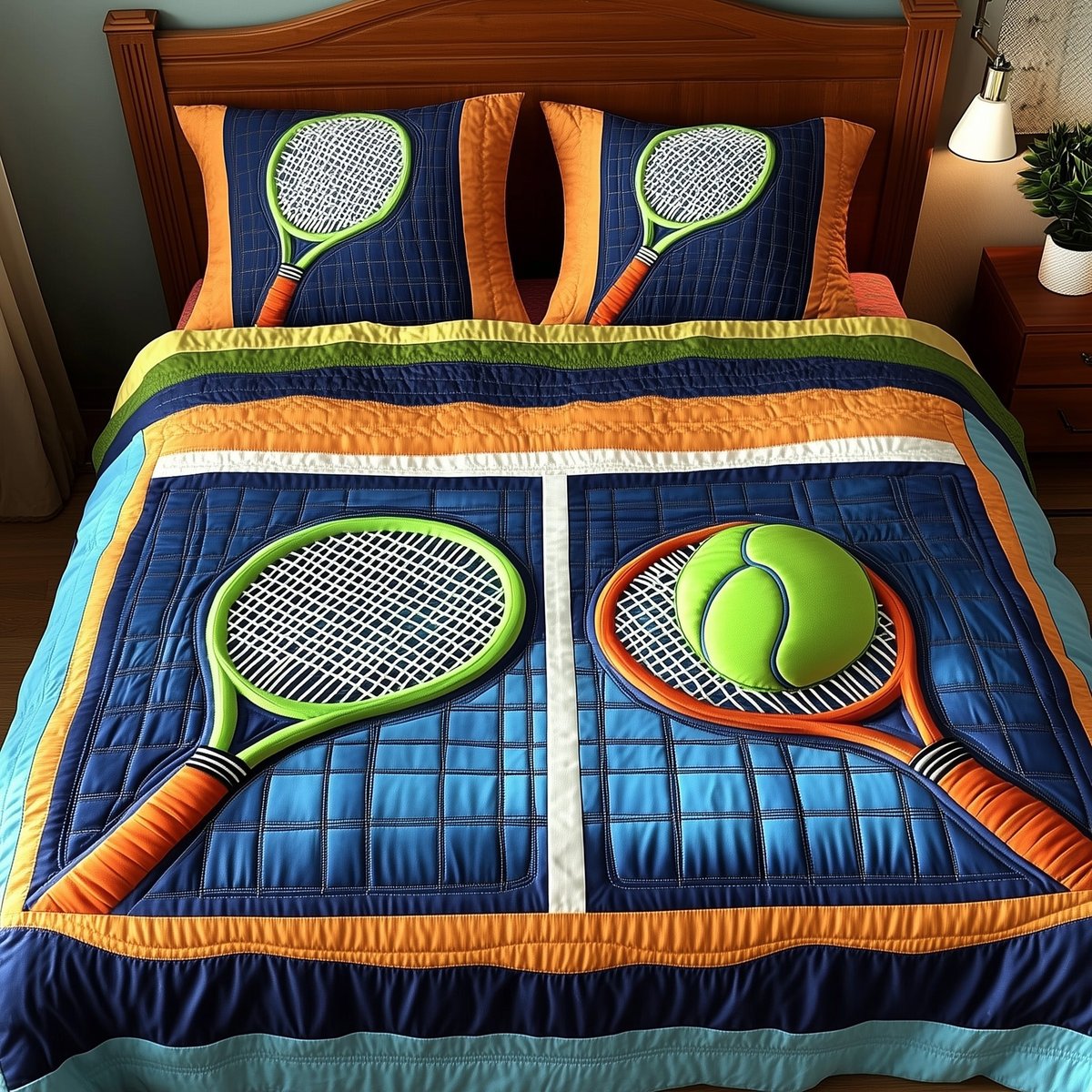 Tennis Time 3 Piece Quilted Bedding Set Gift For Sports Fans