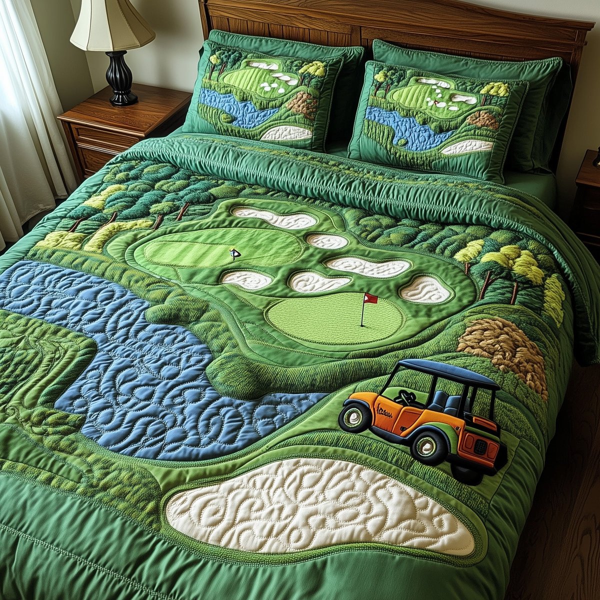 Golf Course 3 Piece Quilted Bedding Set Gift For Sports Fans