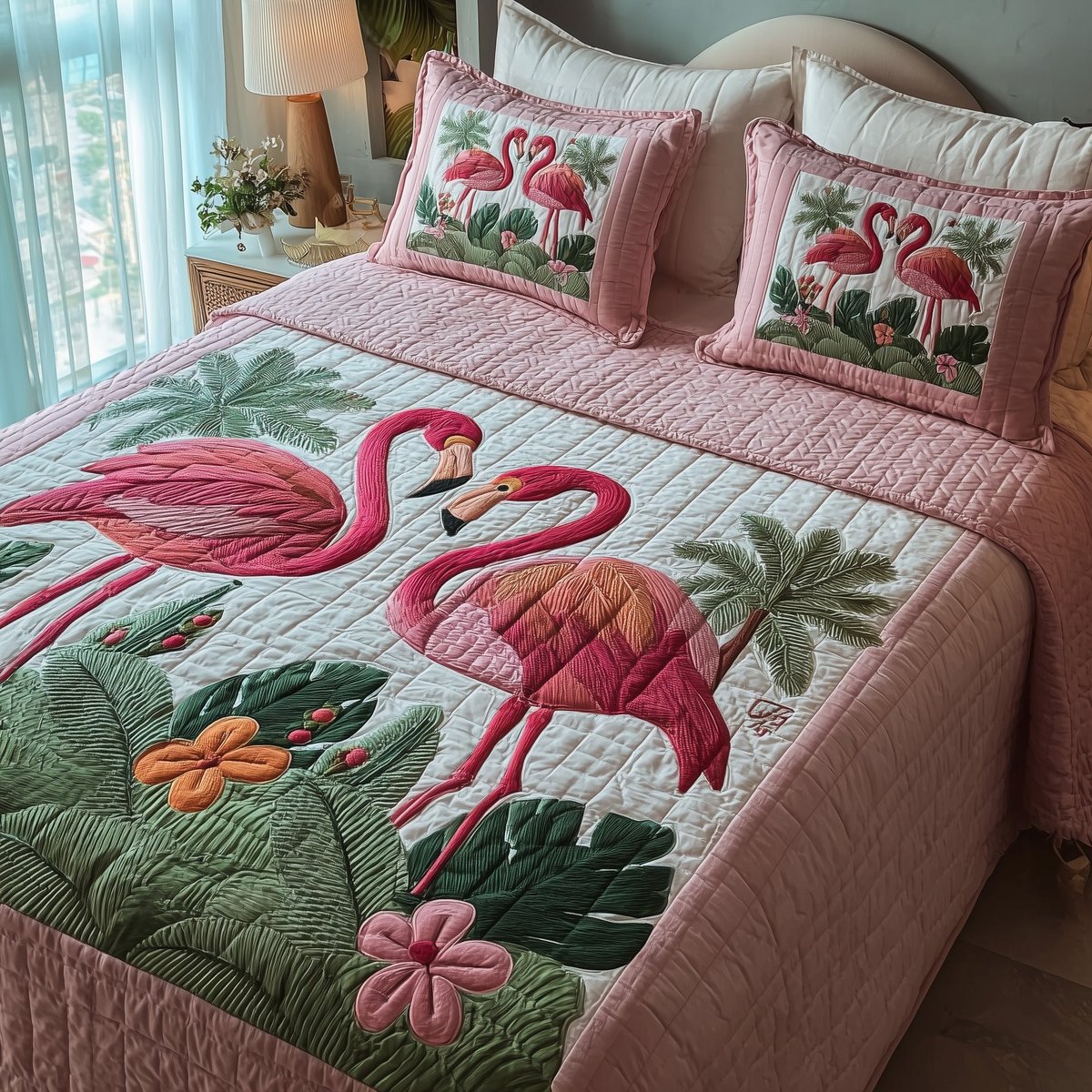 Pink Paradise 3 Piece Quilted Bedding Set Gift For Home Decor Lovers