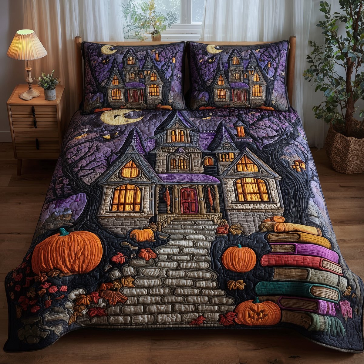 Midnight Manor 3 Piece Quilted Bedding Set Gift For Gothic Decor Lovers