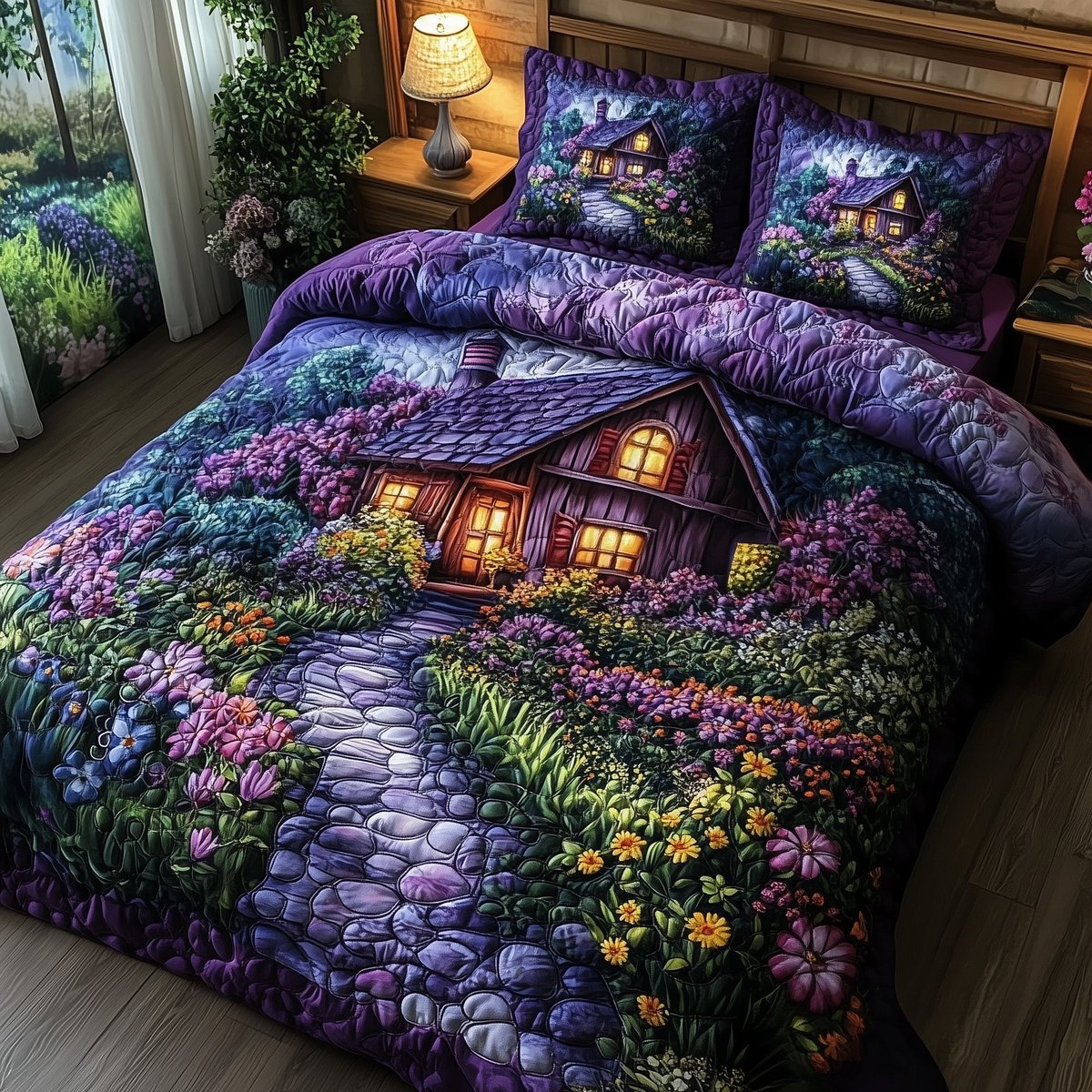 Fairytale Cottage 3 Piece Quilted Bedding Set Gift For Flower Lovers