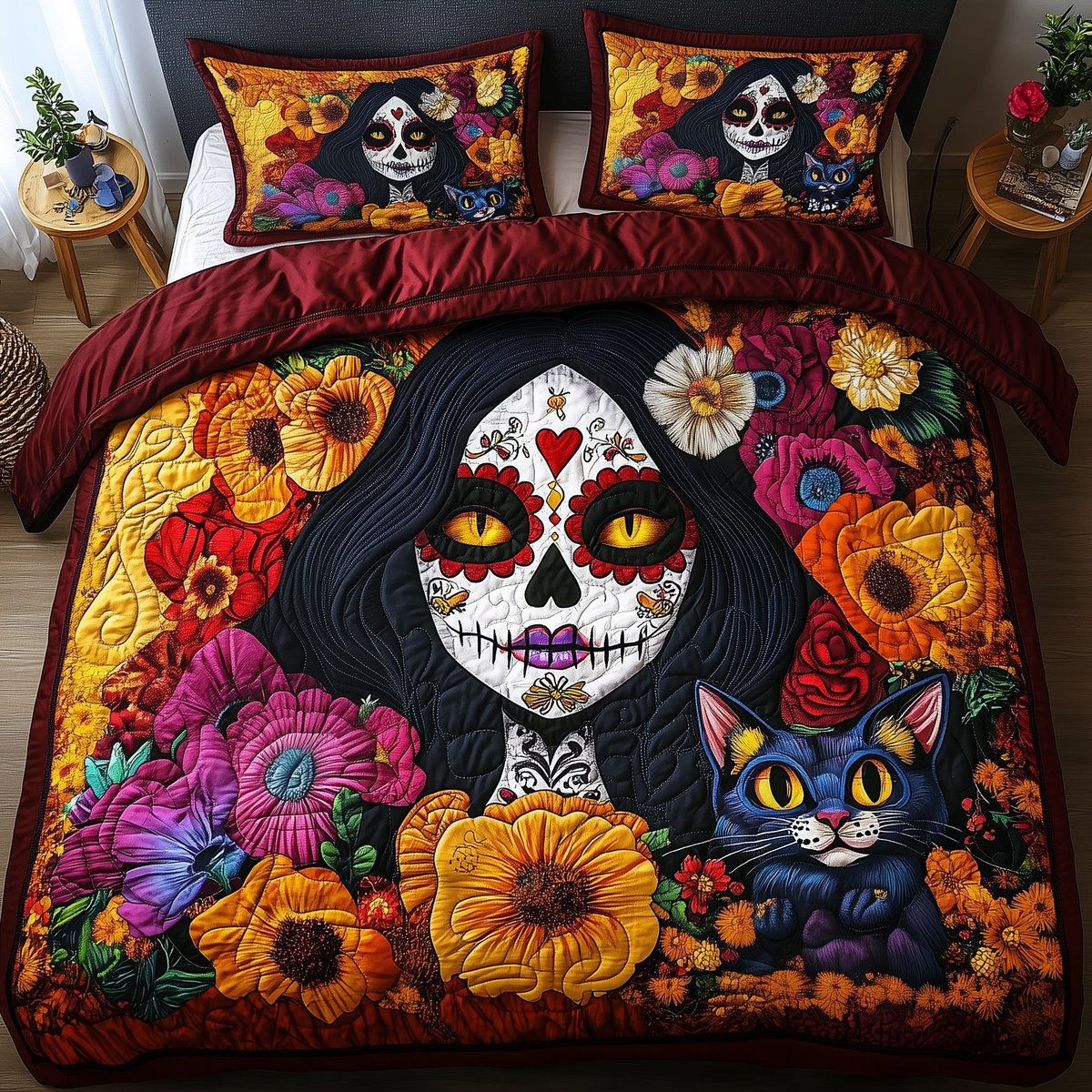Catrina Bloom 3 Piece Quilted Bedding Set Gift For Cat Lovers