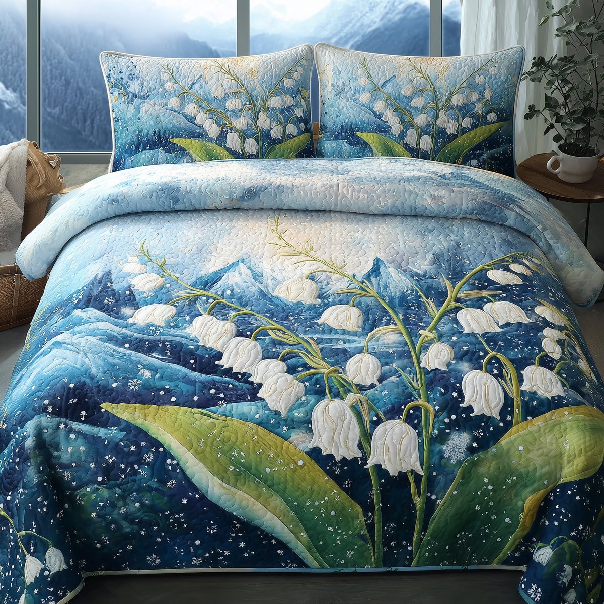Lily of the Valley 3 Piece Quilted Bedding Set Gift For Flower Lovers