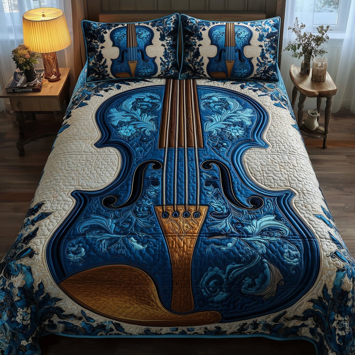 Elegant Violin 3 Piece Quilted Bedding Set Gift For Music Lovers