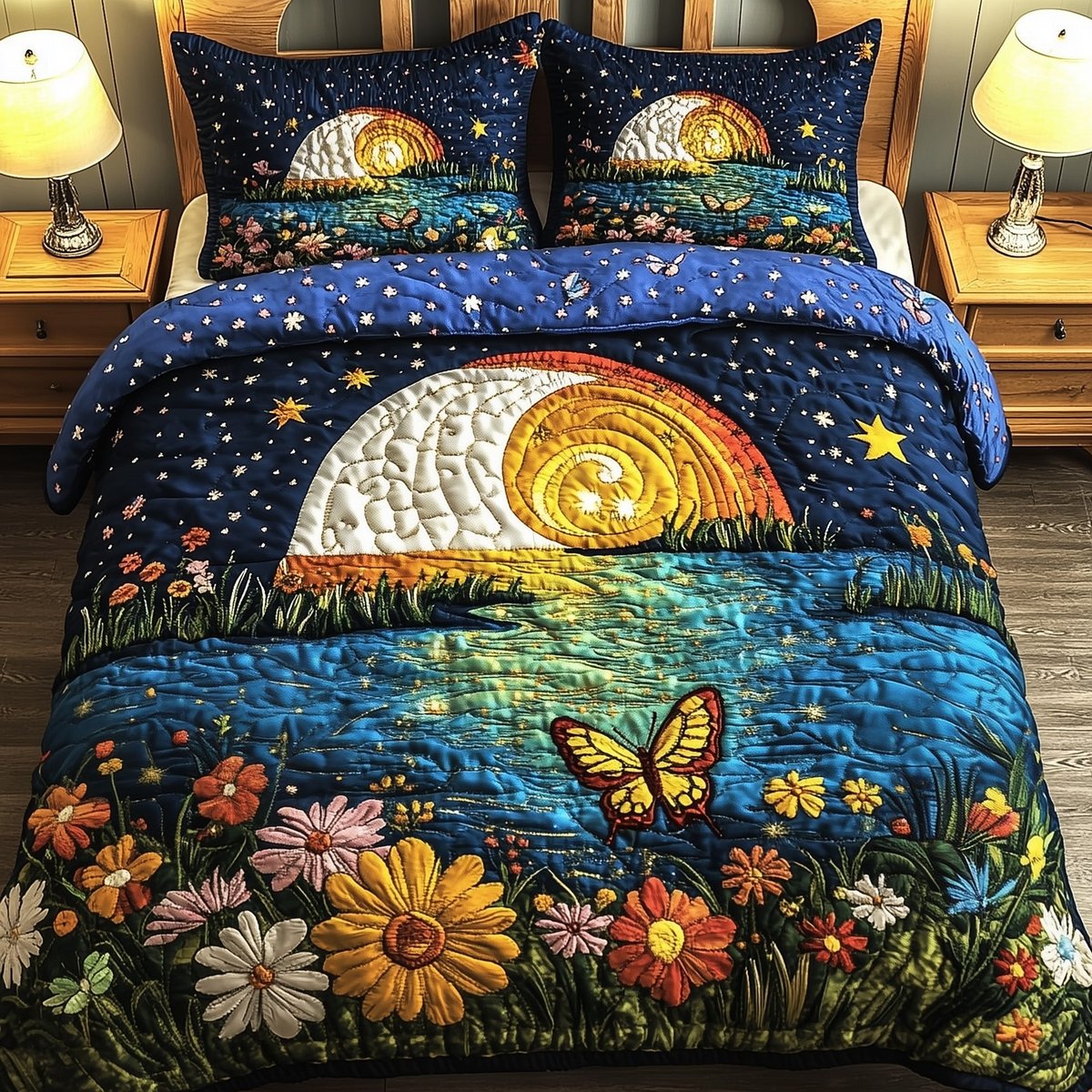 Moonlit Floral 3 Piece Quilted Bedding Set Gift For Flower Lovers