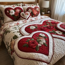 Heart and Rose 3 Piece Quilted Bedding Set Gift For Flower Lovers