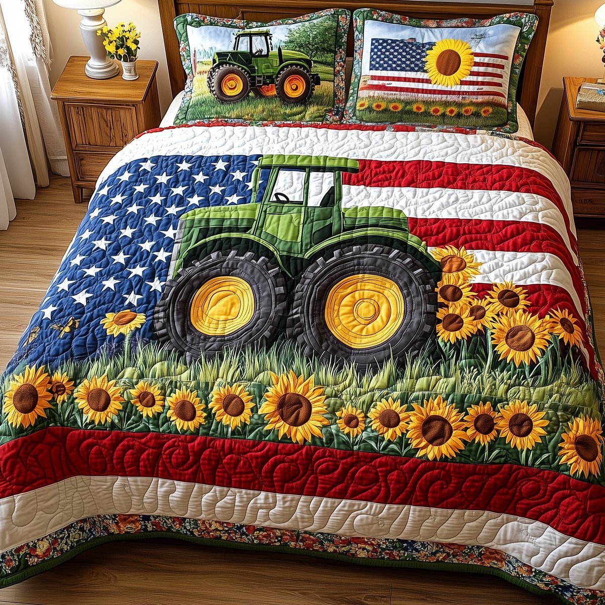 American Tractor 3 Piece Quilted Bedding Set Gift For Farmhouse Decor Lovers