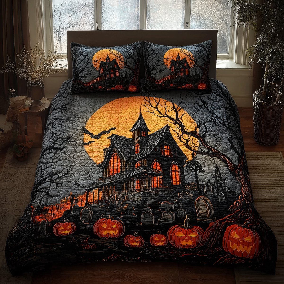 Haunted House 3 Piece Quilted Bedding Set Halloween Gift For Gothic Decor Lovers