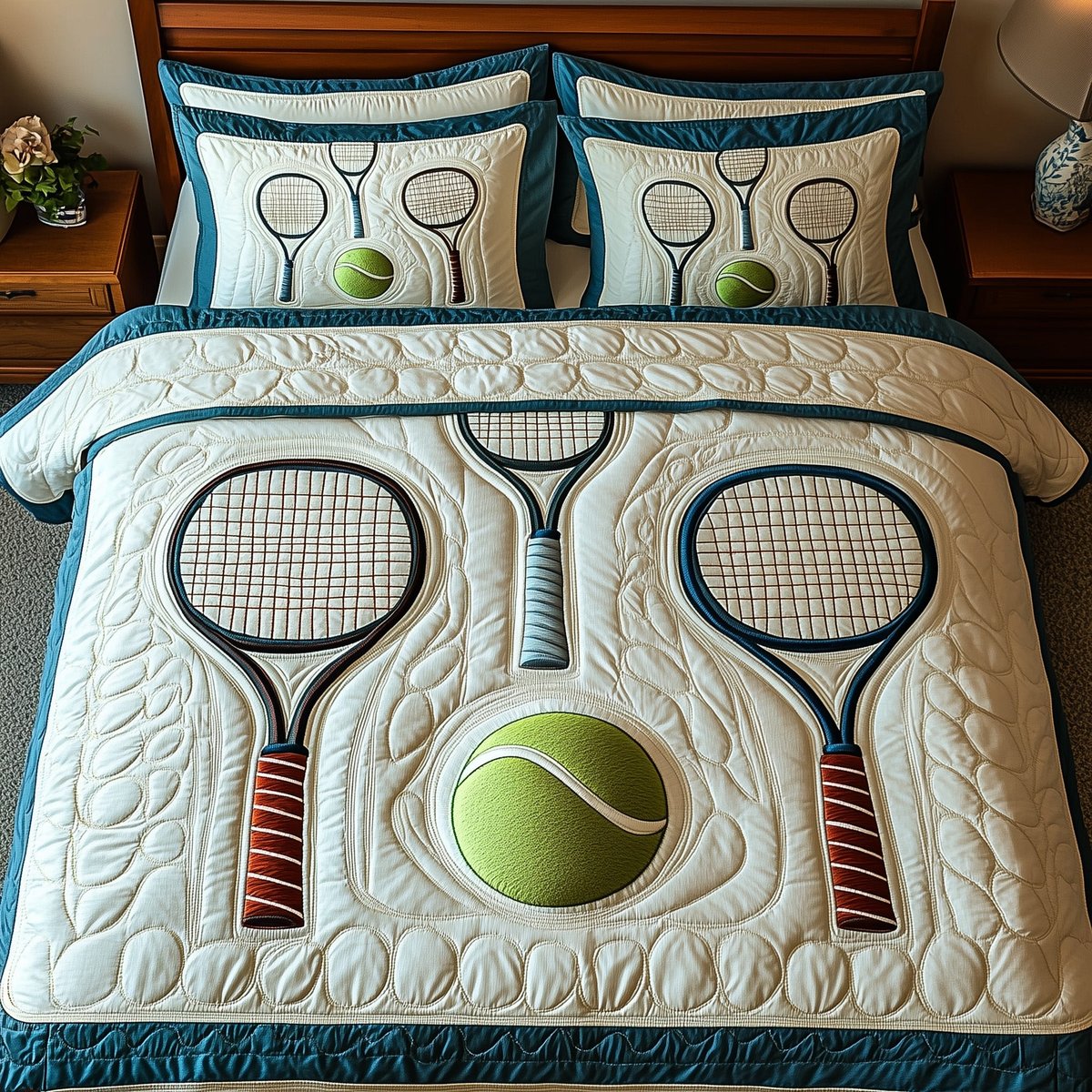 Tennis Time 3 Piece Quilted Bedding Set Gift For Sports Fans