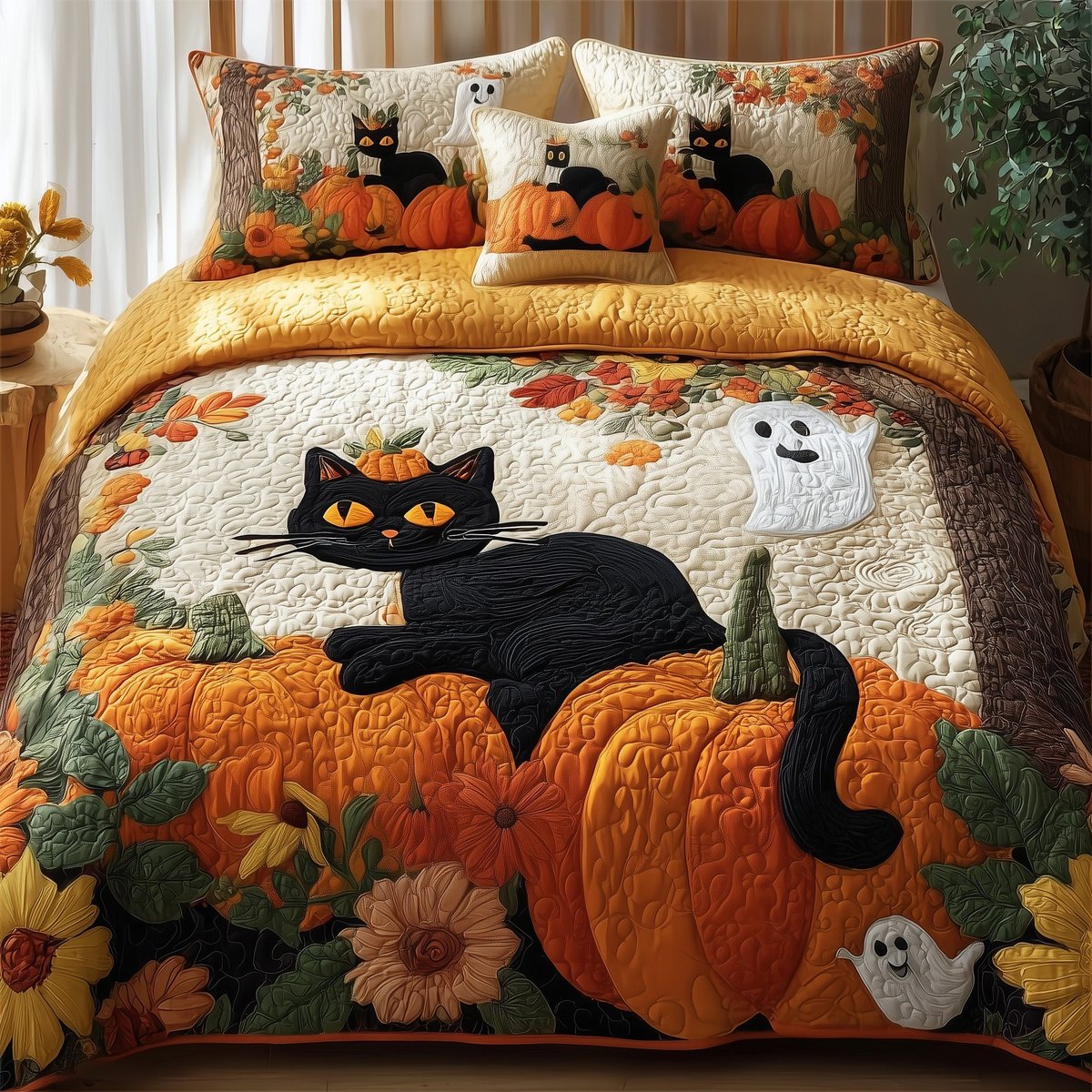 Spooky Black Cat 3 Piece Quilted Bedding Set Halloween Gift For Cat Lovers