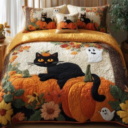 Spooky Black Cat 3 Piece Quilted Bedding Set Halloween Gift For Cat Lovers