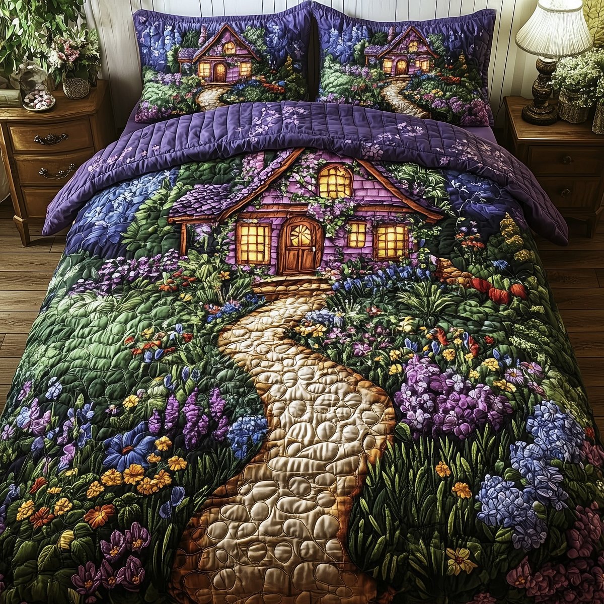 Fairytale Cottage 3 Piece Quilted Bedding Set Gift For Flower Lovers