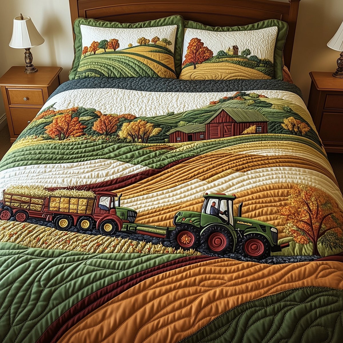 Golden Farm Fields 3 Piece Quilted Bedding Set Gift For Farmhouse Decor Lovers
