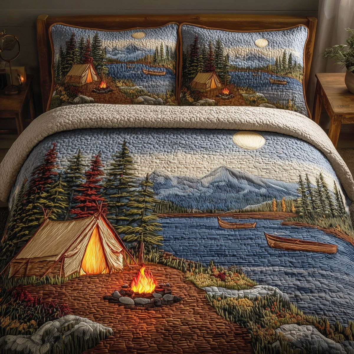 Lakeside Camping 3 Piece Quilted Bedding Set Gift For Campers