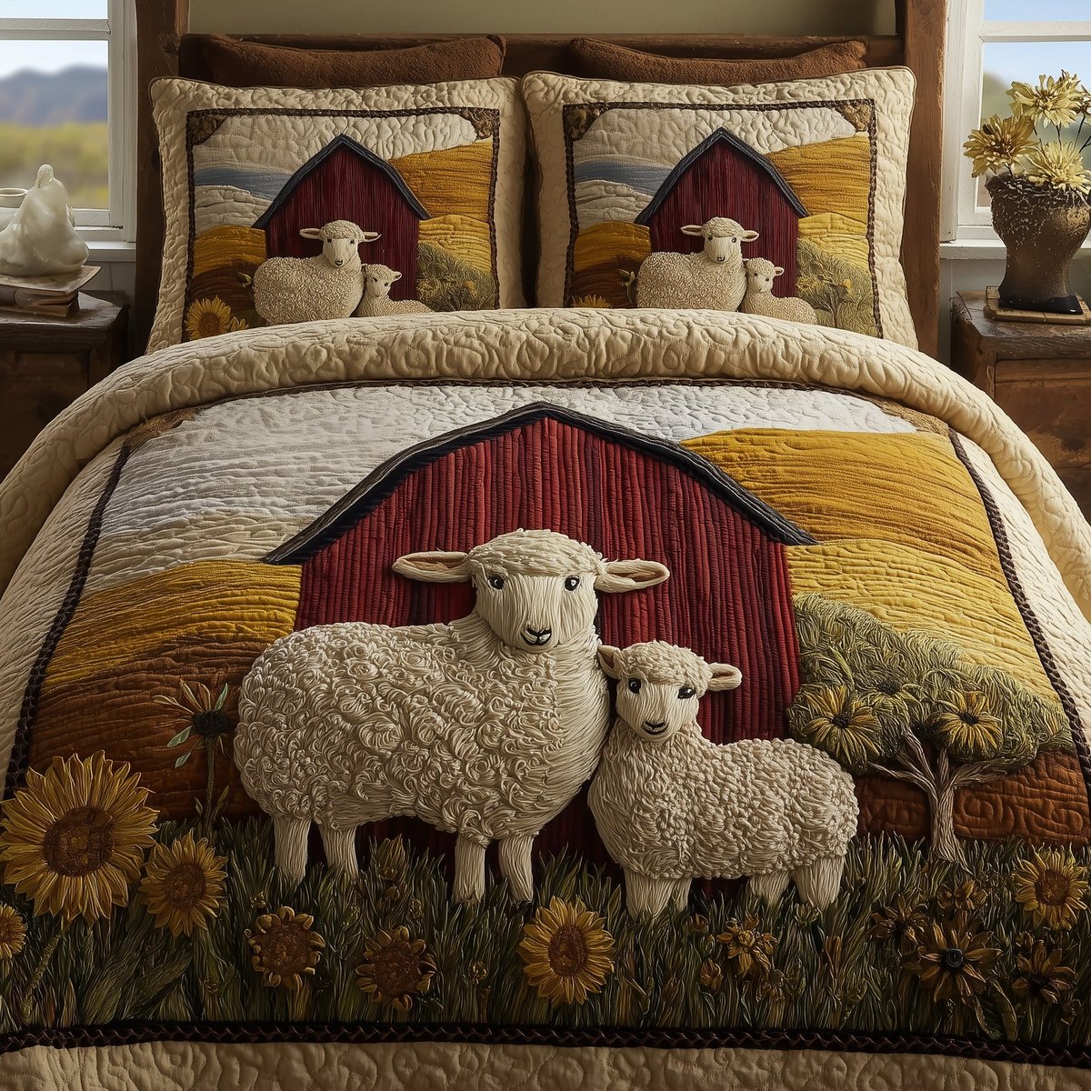 Sheep 3 Piece Quilted Bedding Set Gift For Farmhouse Decor Lovers