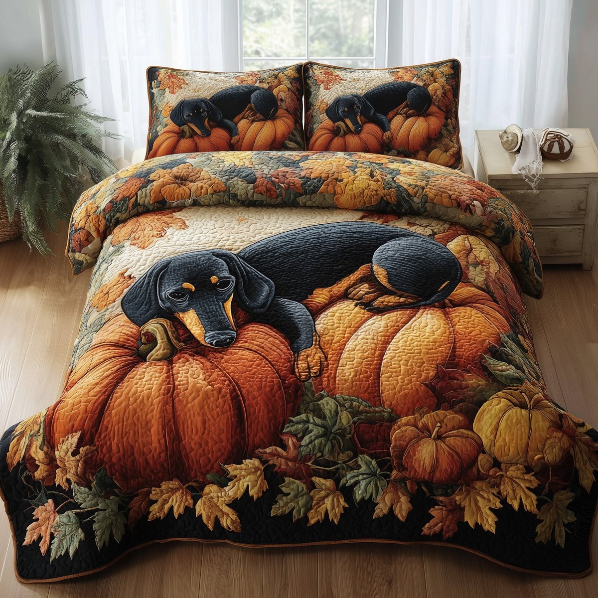 Autumn Pup Haven 3 Piece Quilted Bedding Set Gift For Dog Lovers