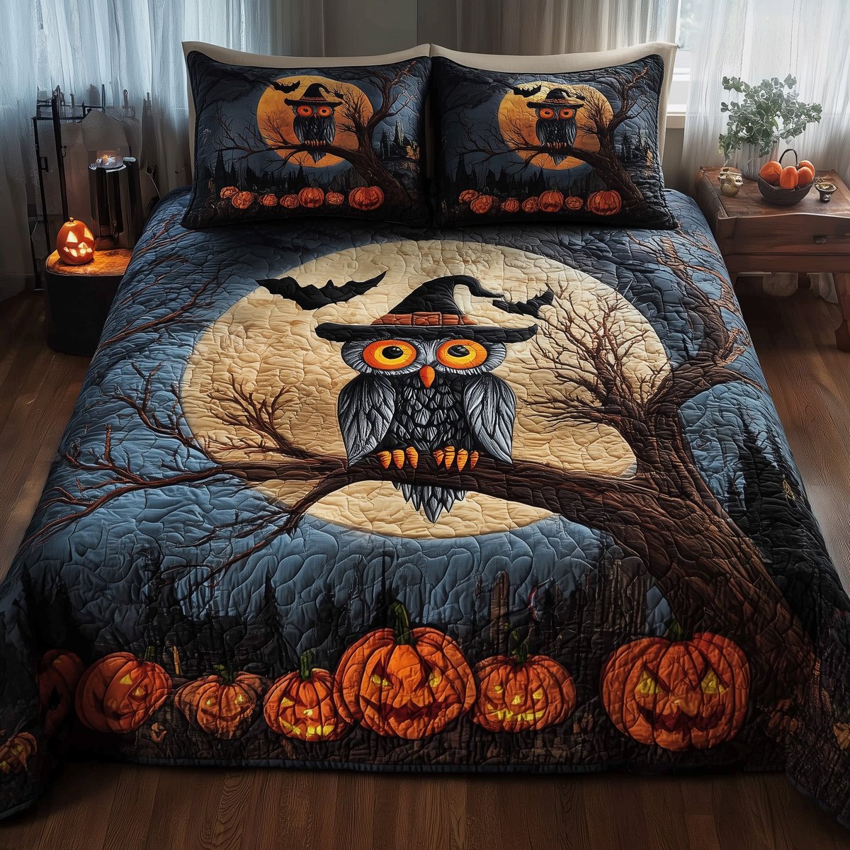 Owl 3 Piece Quilted Bedding Set Halloween Gift For Bird Lovers