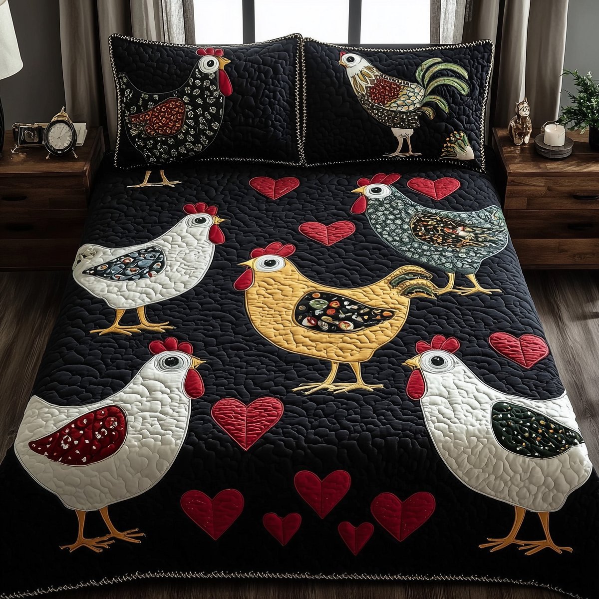 Funky Chicken 3 Piece Quilted Bedding Set Gift For Farmhouse Decor Lovers